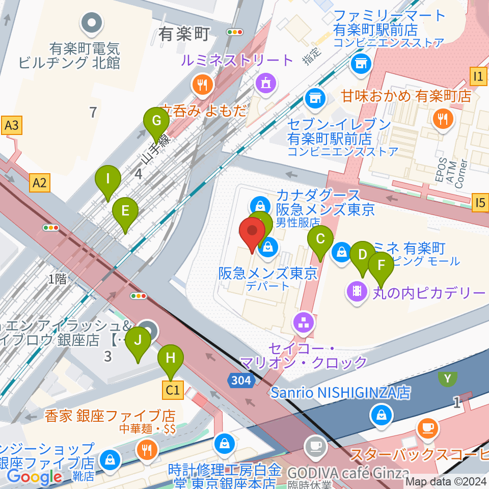 ヒューリックホール東京周辺のファミレス・ファーストフード一覧地図