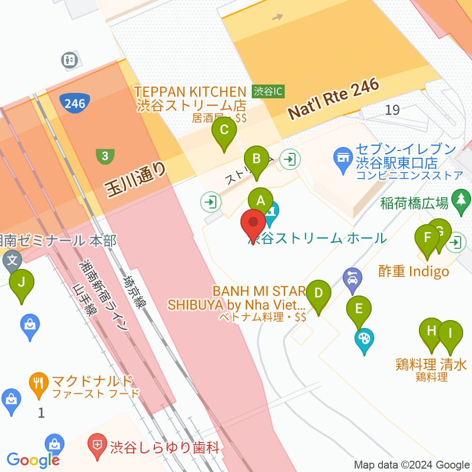 渋谷ストリームホール周辺のファミレス・ファーストフード一覧地図