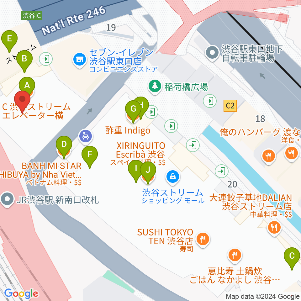 渋谷ストリームホール周辺のファミレス・ファーストフード一覧地図