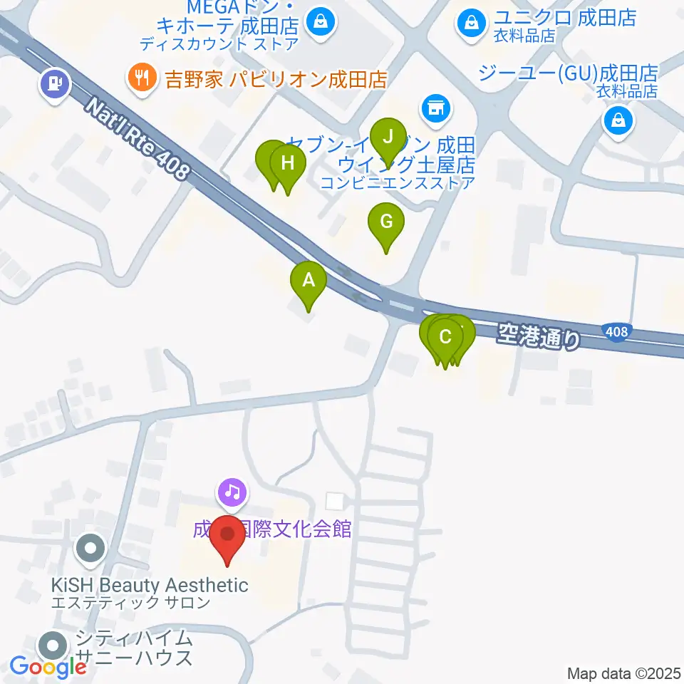 成田国際文化会館周辺のファミレス・ファーストフード一覧地図