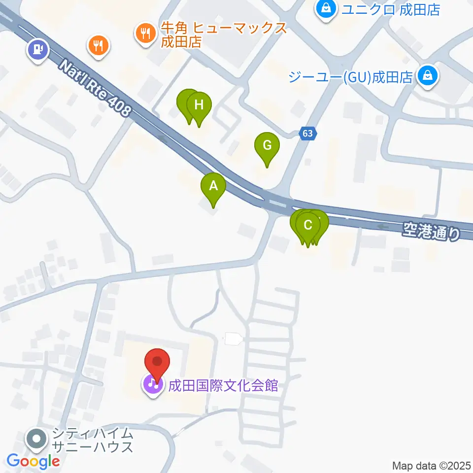 成田国際文化会館周辺のファミレス・ファーストフード一覧地図