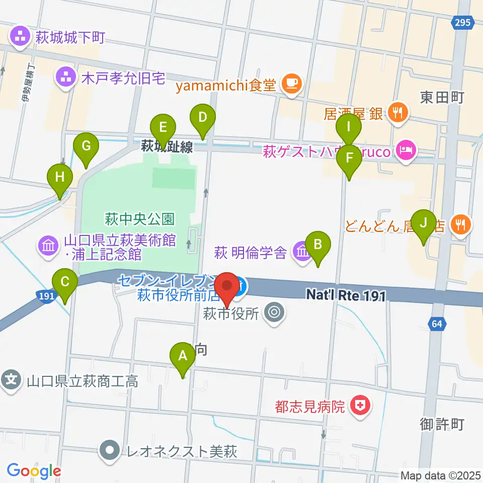 萩市民館周辺のファミレス・ファーストフード一覧地図