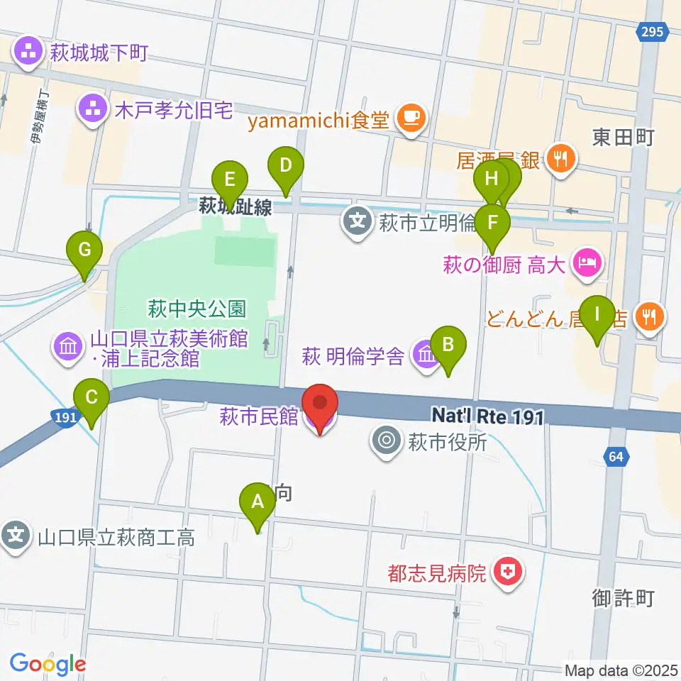 萩市民館周辺のファミレス・ファーストフード一覧地図