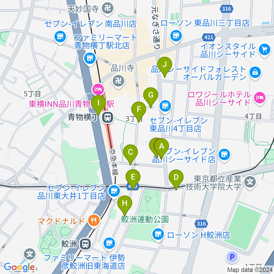 品川ハンビーホール周辺のファミレス・ファーストフード一覧地図