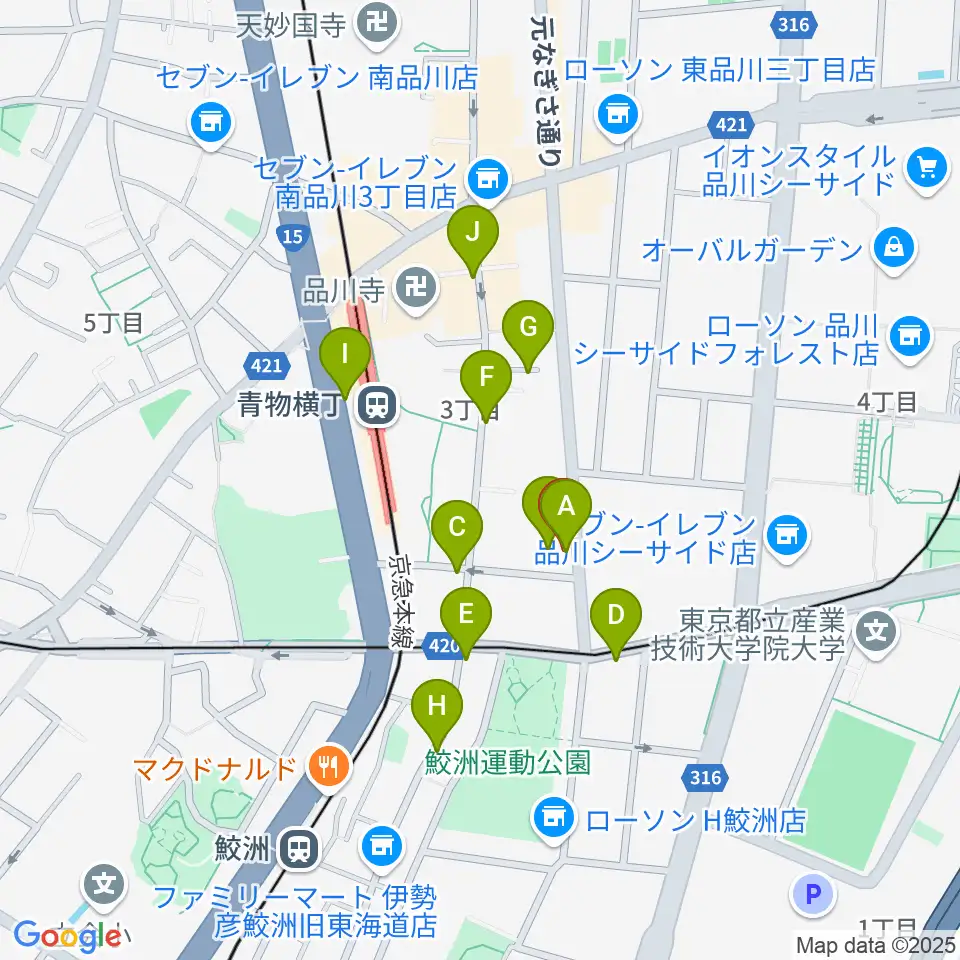 品川ハンビーホール周辺のファミレス・ファーストフード一覧地図