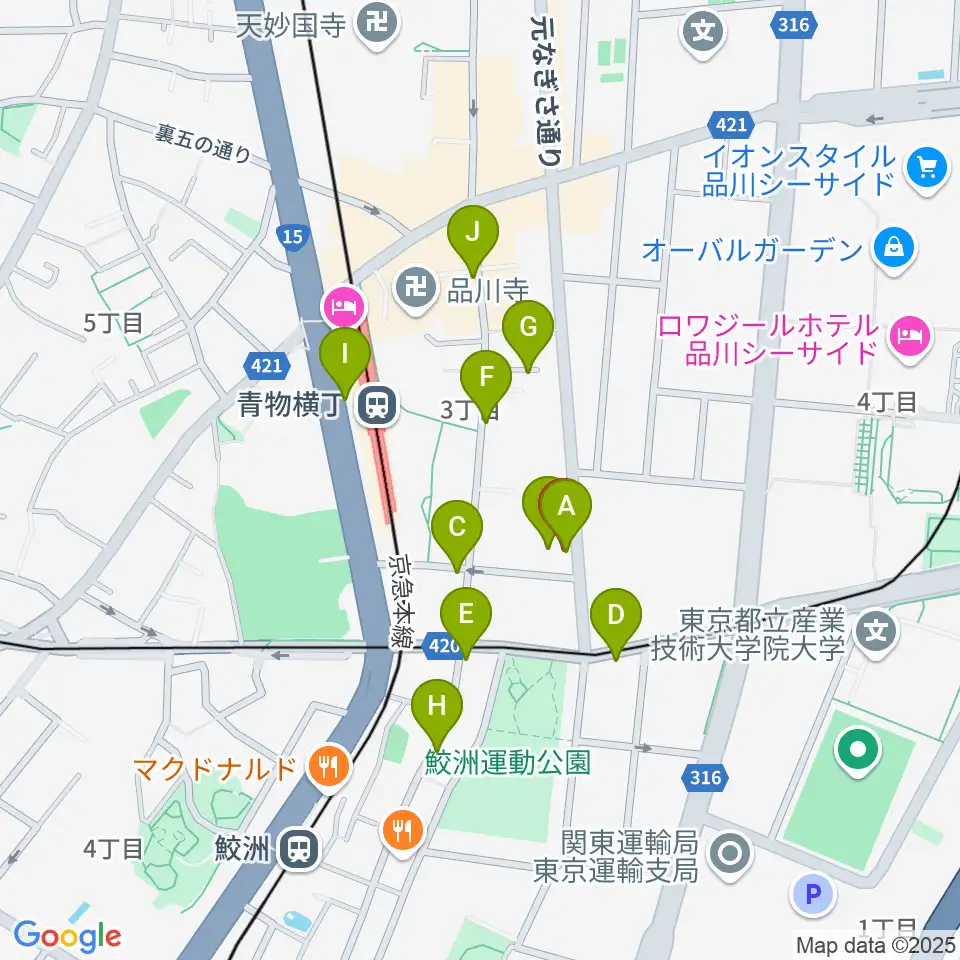品川ハンビーホール周辺のファミレス・ファーストフード一覧地図