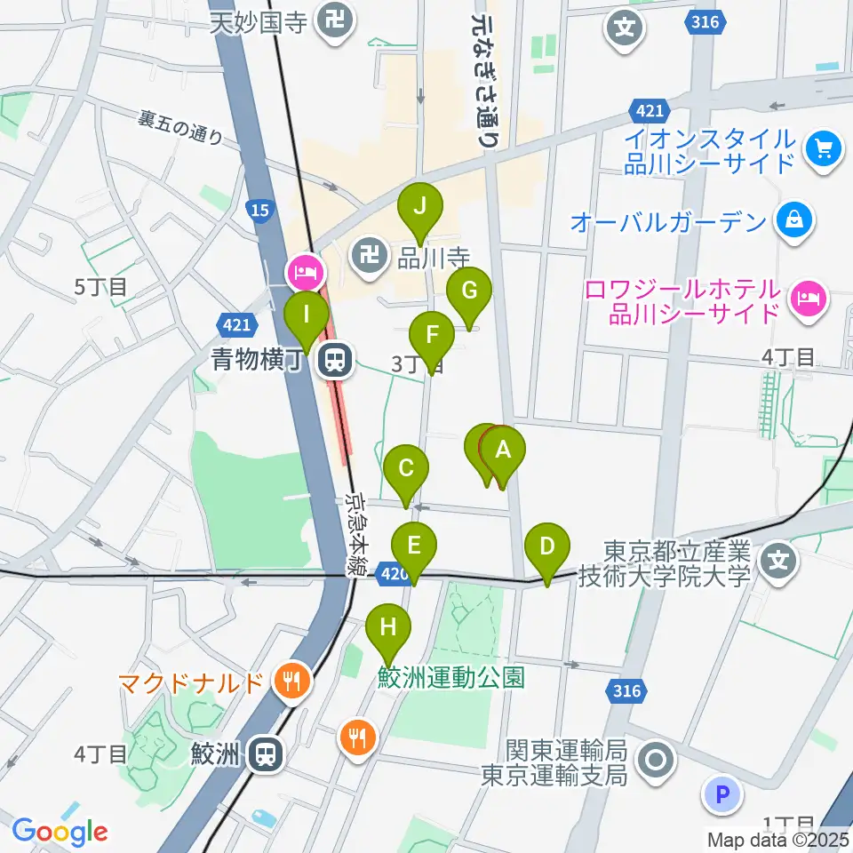 品川ハンビーホール周辺のファミレス・ファーストフード一覧地図