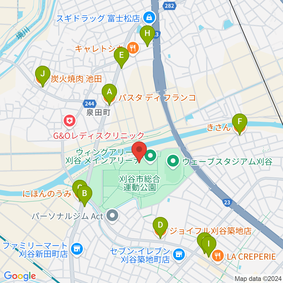 ウィングアリーナ刈谷周辺のファミレス・ファーストフード一覧地図