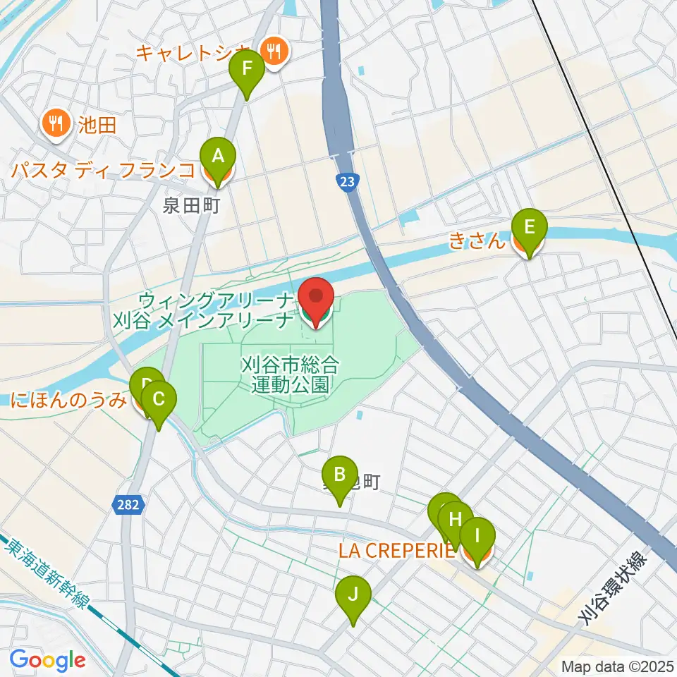 ウィングアリーナ刈谷周辺のファミレス・ファーストフード一覧地図