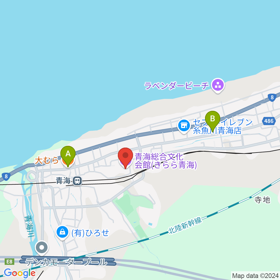 青海総合文化会館 きらら青海周辺のファミレス・ファーストフード一覧地図