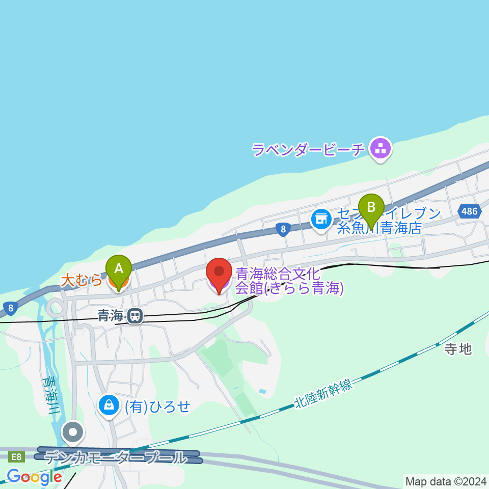 青海総合文化会館 きらら青海周辺のファミレス・ファーストフード一覧地図