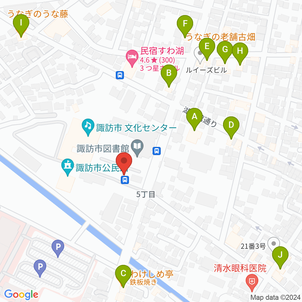 諏訪市文化センター周辺のファミレス・ファーストフード一覧地図