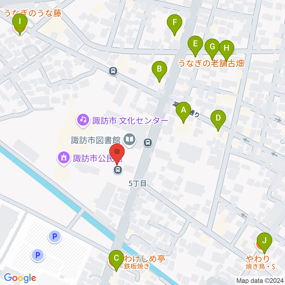 諏訪市文化センター周辺のファミレス・ファーストフード一覧地図