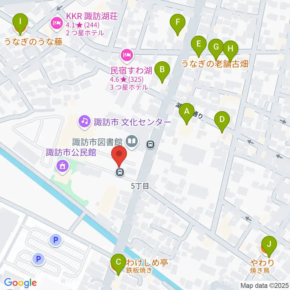 諏訪市文化センター周辺のファミレス・ファーストフード一覧地図
