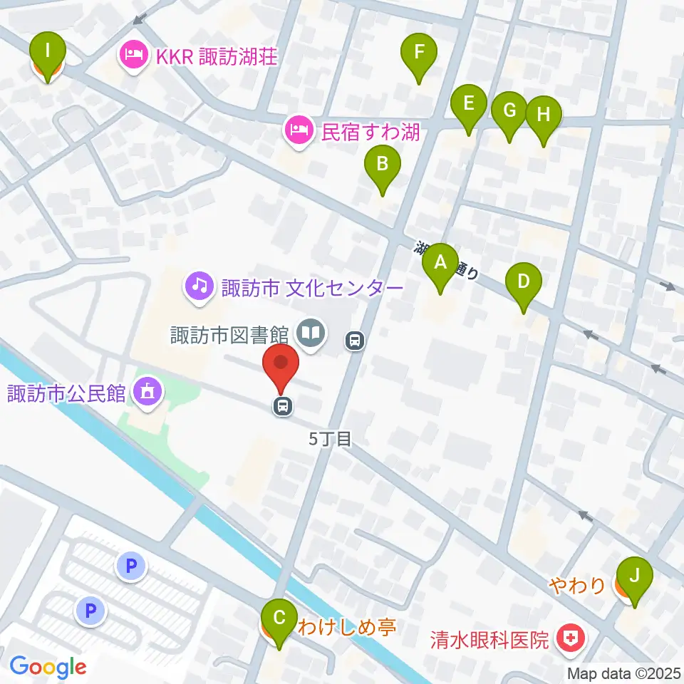 諏訪市文化センター周辺のファミレス・ファーストフード一覧地図