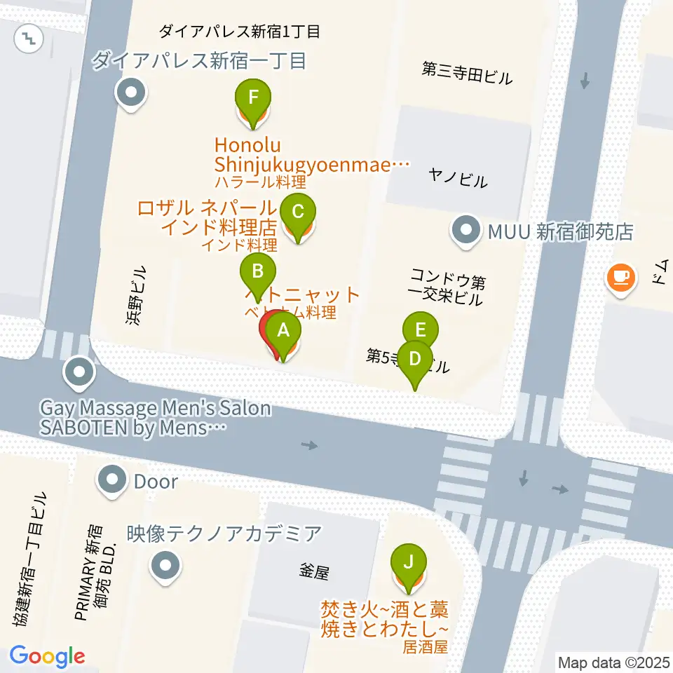 新宿御苑Only Yesterday周辺のファミレス・ファーストフード一覧地図