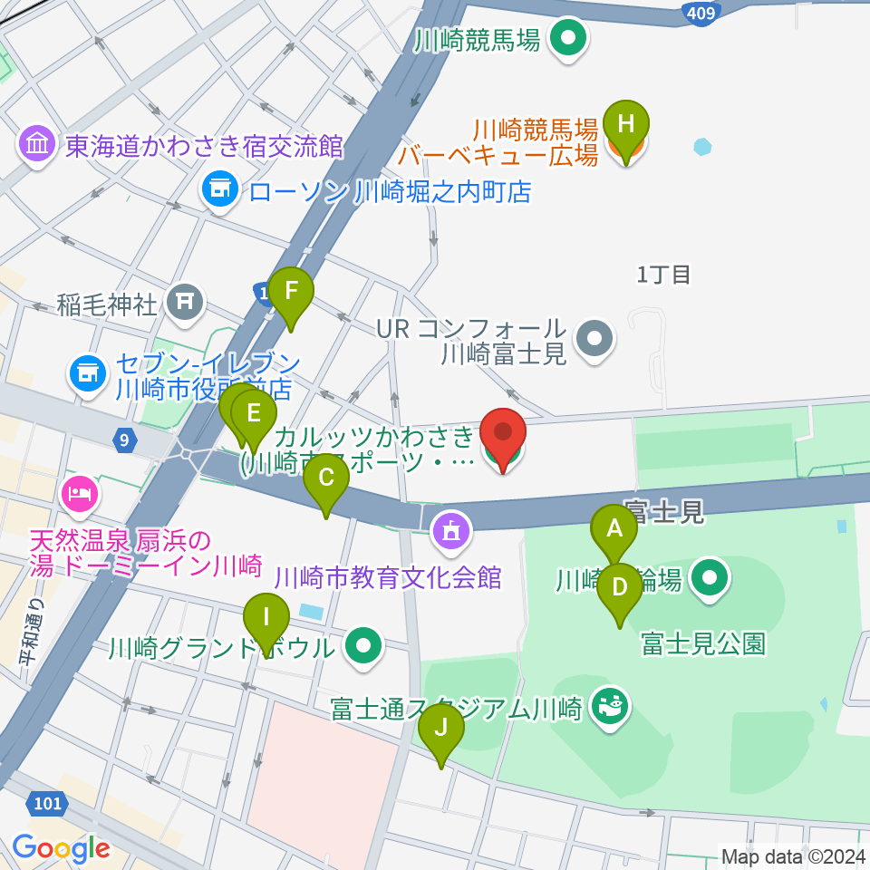 カルッツかわさき スポーツ周辺のファミレス・ファーストフード一覧地図