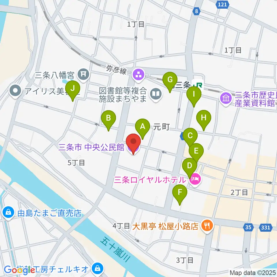 三条市中央公民館周辺のファミレス・ファーストフード一覧地図