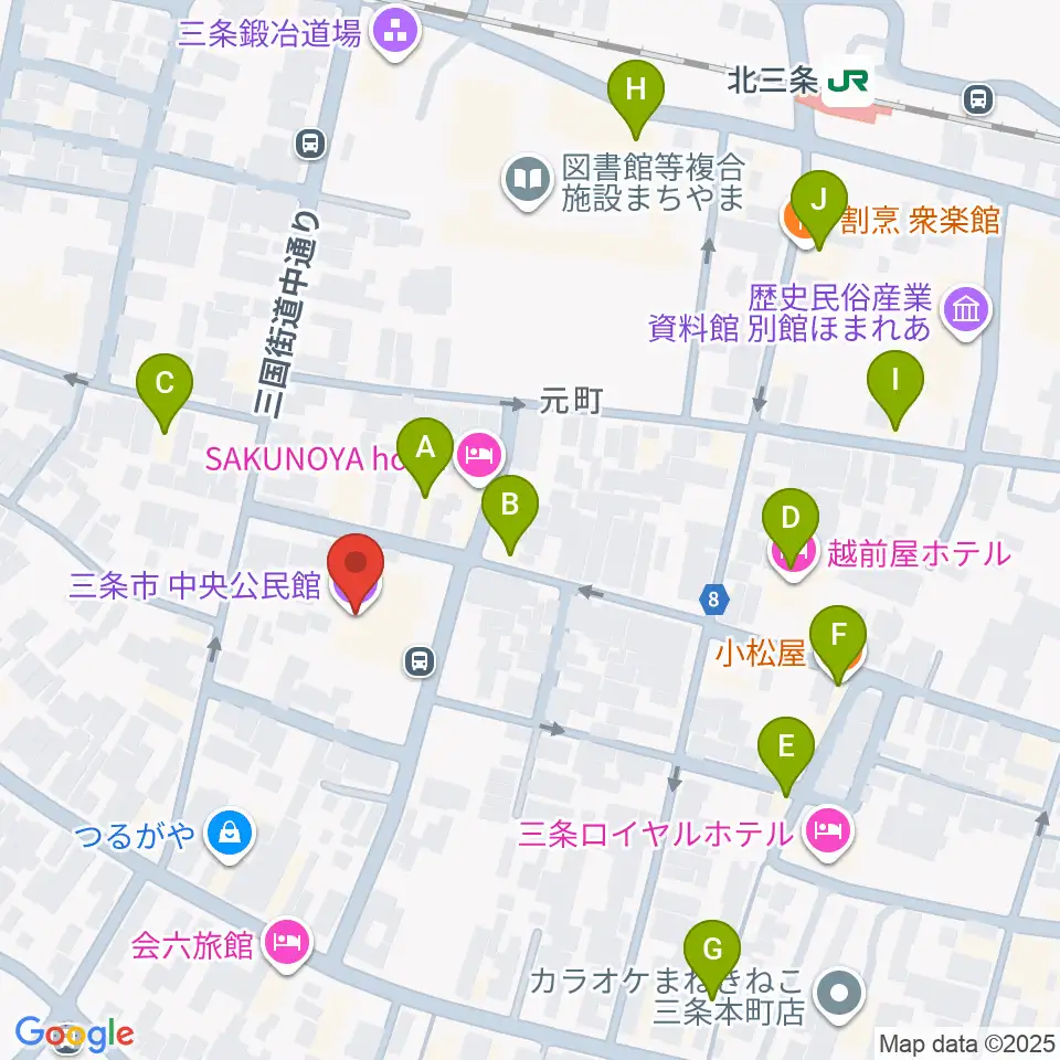 三条市中央公民館周辺のファミレス・ファーストフード一覧地図
