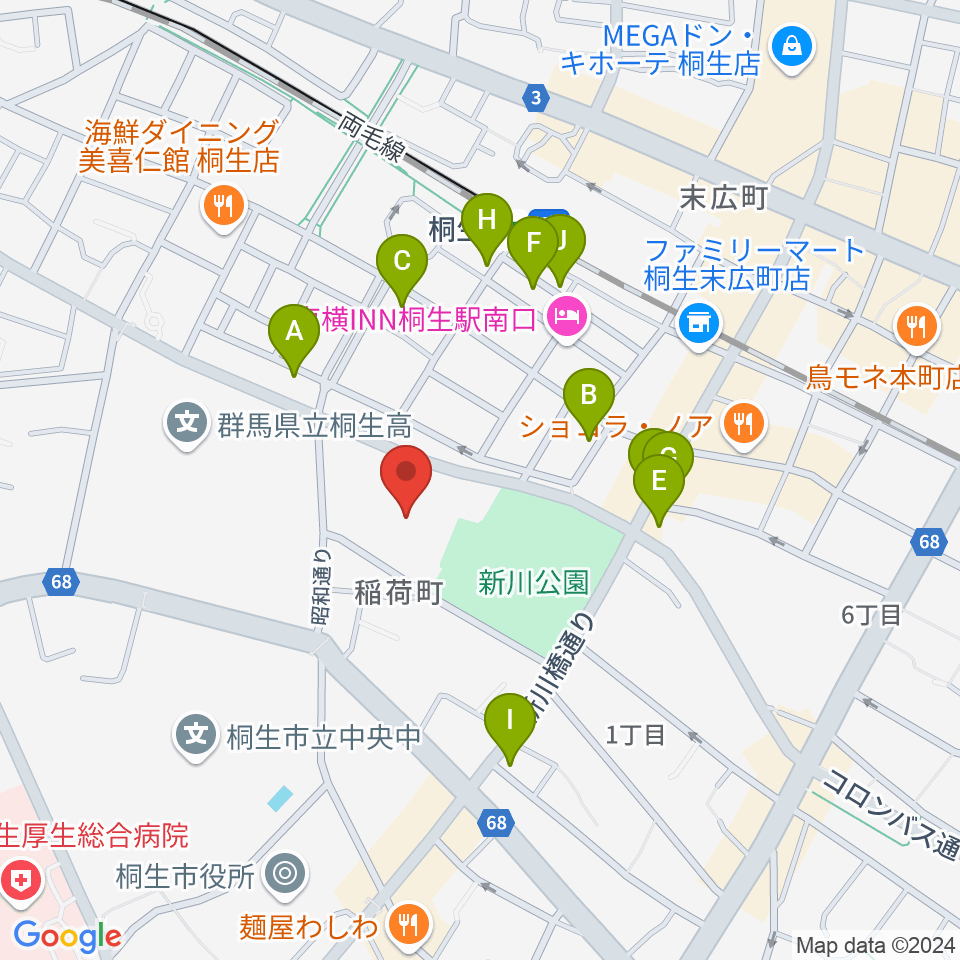 桐生市立中央公民館周辺のファミレス・ファーストフード一覧地図