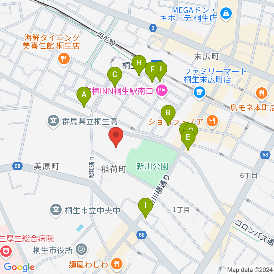 桐生市立中央公民館周辺のファミレス・ファーストフード一覧地図