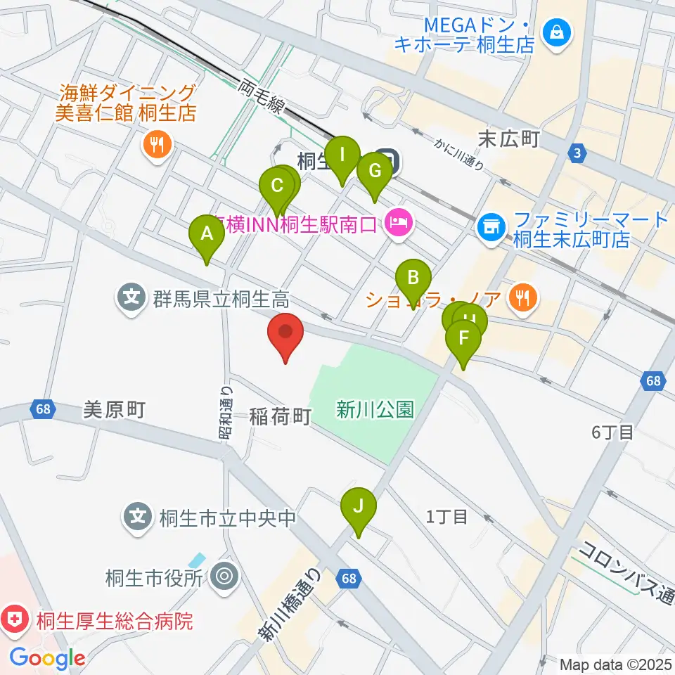 桐生市立中央公民館周辺のファミレス・ファーストフード一覧地図