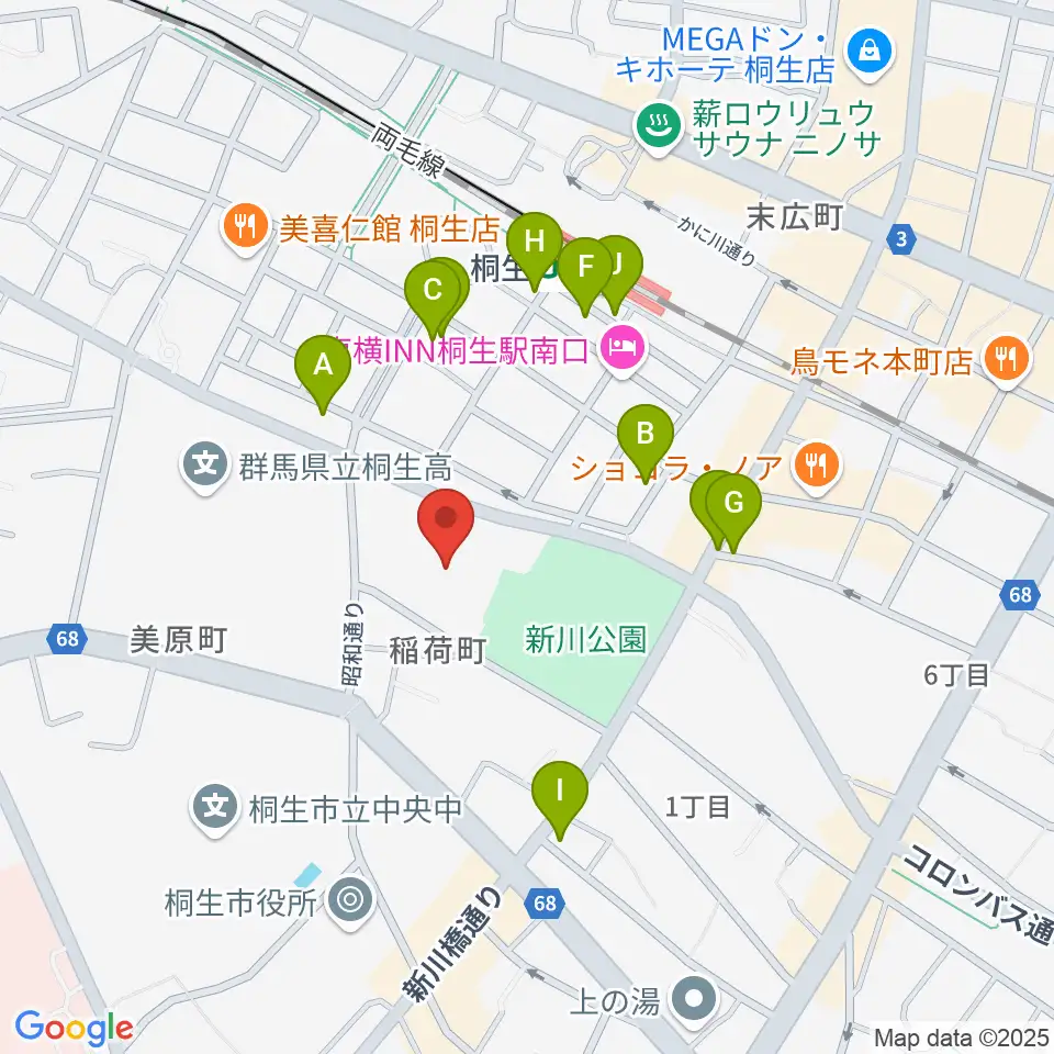 桐生市立中央公民館周辺のファミレス・ファーストフード一覧地図