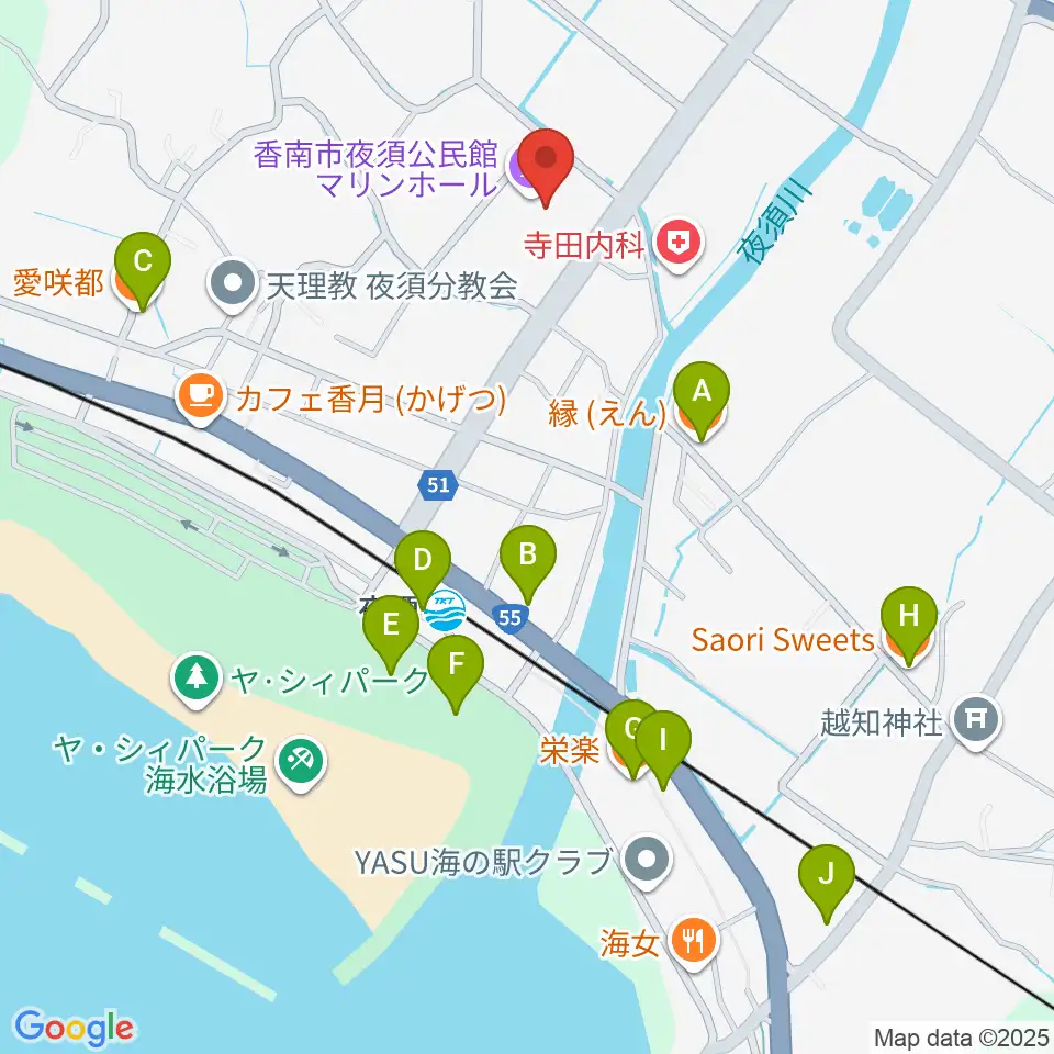 夜須中央公民館マリンホール周辺のファミレス・ファーストフード一覧地図