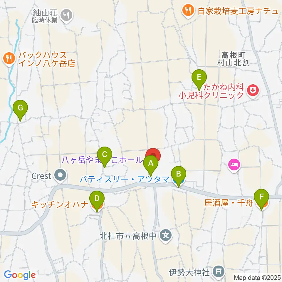 八ヶ岳やまびこホール周辺のファミレス・ファーストフード一覧地図
