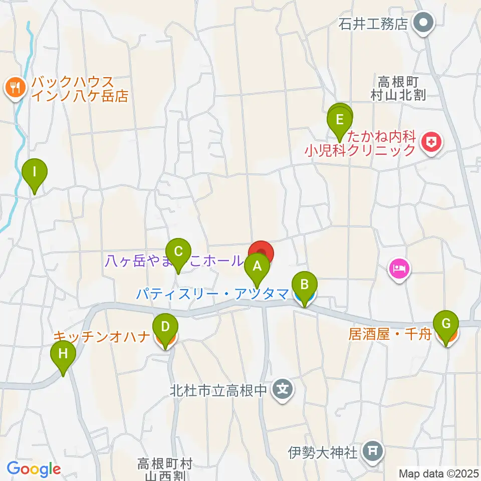 八ヶ岳やまびこホール周辺のファミレス・ファーストフード一覧地図