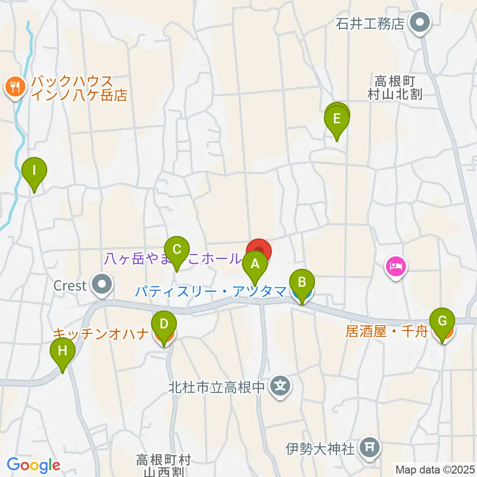 八ヶ岳やまびこホール周辺のファミレス・ファーストフード一覧地図