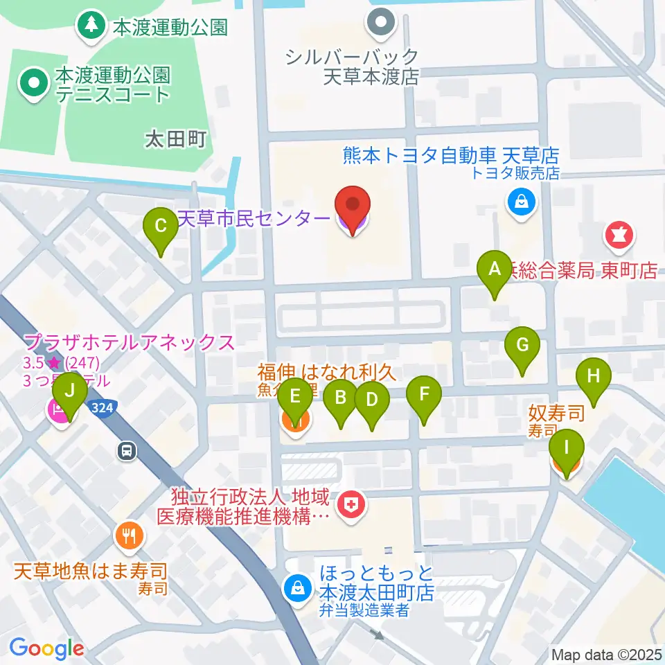 天草市民センター周辺のファミレス・ファーストフード一覧地図
