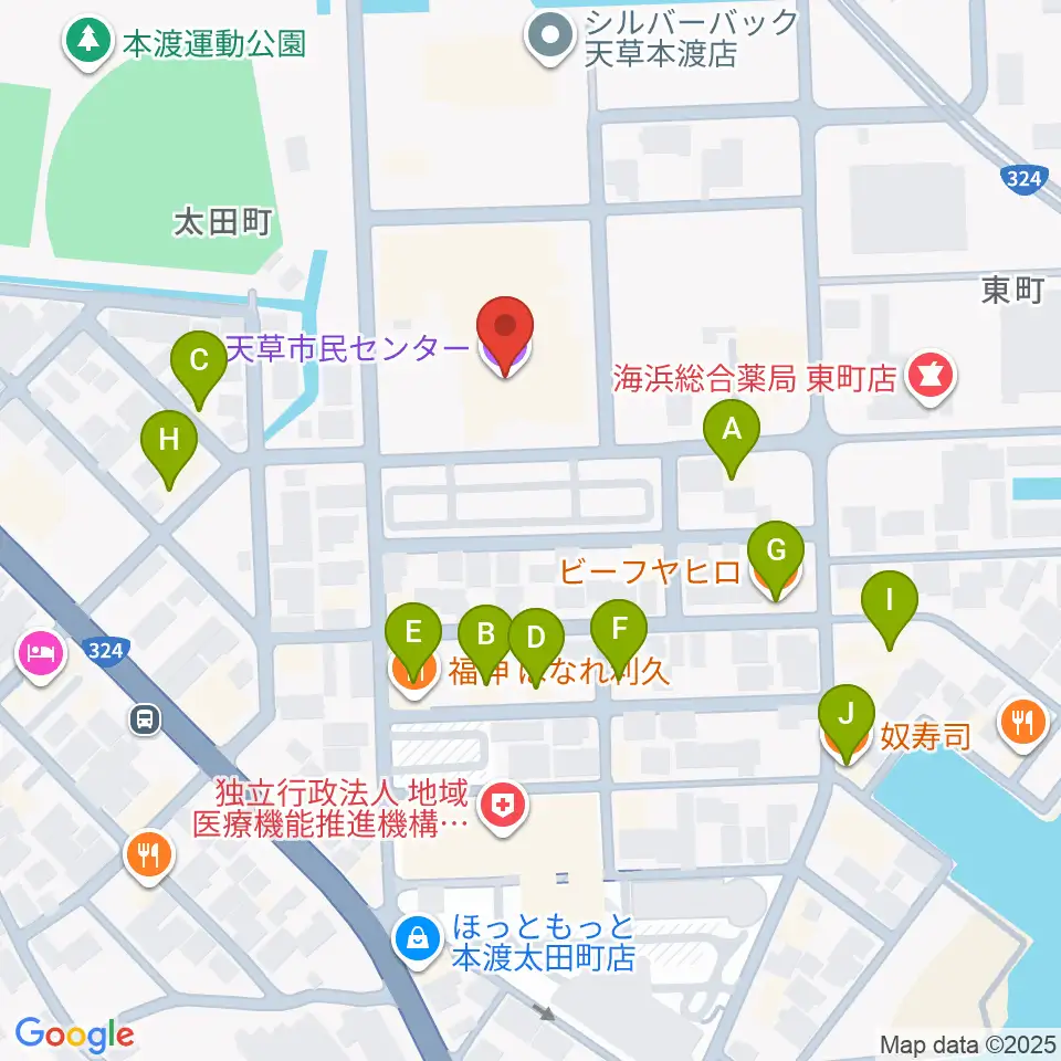 天草市民センター周辺のファミレス・ファーストフード一覧地図