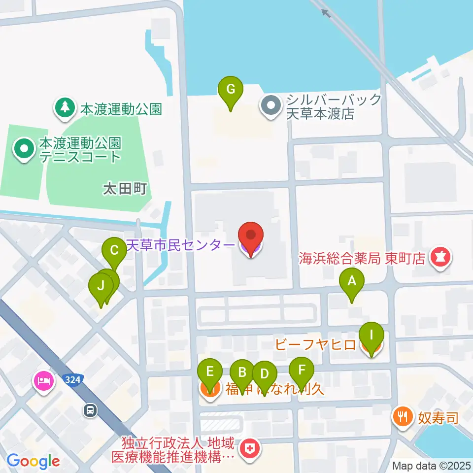 天草市民センター周辺のファミレス・ファーストフード一覧地図