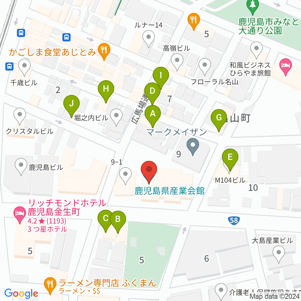 鹿児島県産業会館周辺のファミレス・ファーストフード一覧地図