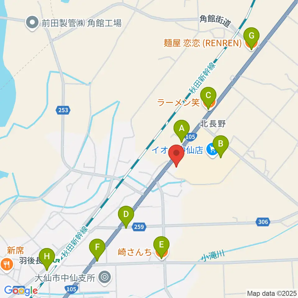 中仙市民会館ドンパル周辺のファミレス・ファーストフード一覧地図
