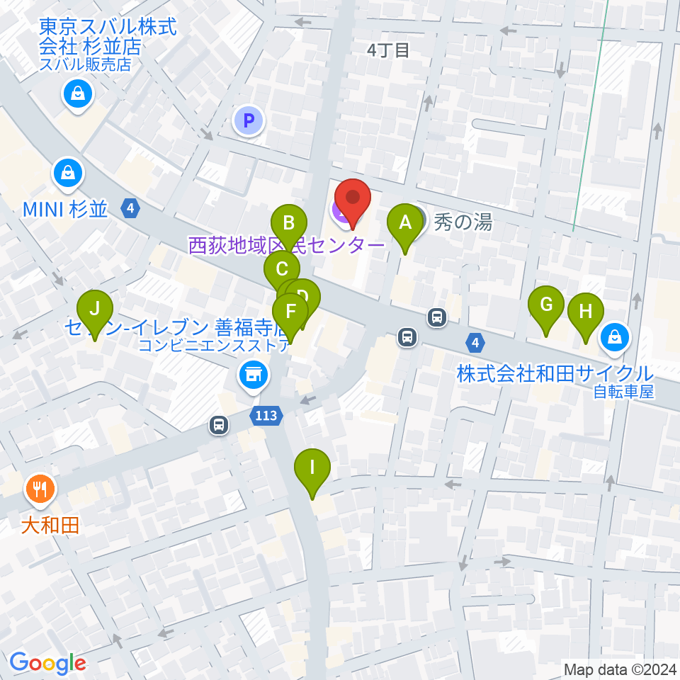 西荻地域区民センター周辺のファミレス・ファーストフード一覧地図