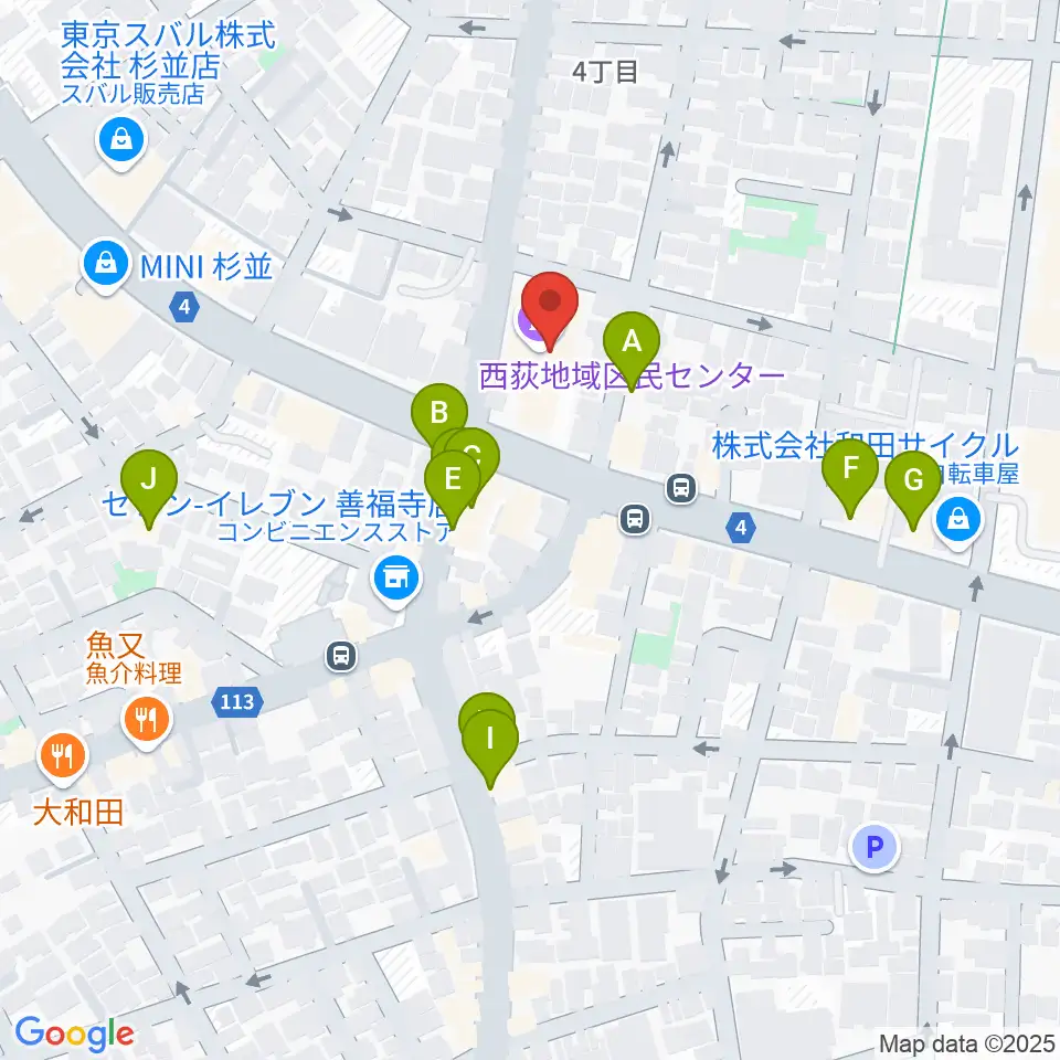 西荻地域区民センター周辺のファミレス・ファーストフード一覧地図
