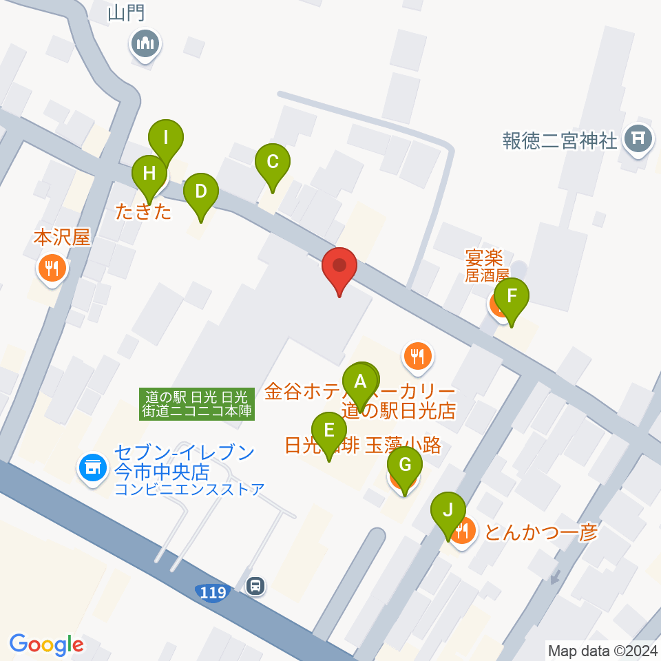 道の駅日光・ニコニコホール周辺のファミレス・ファーストフード一覧地図