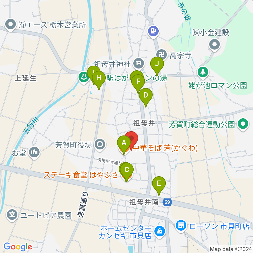 芳賀町民会館周辺のファミレス・ファーストフード一覧地図