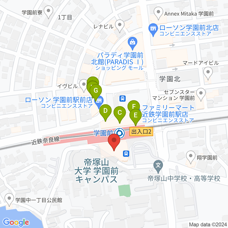 学園前ホール周辺のファミレス・ファーストフード一覧地図