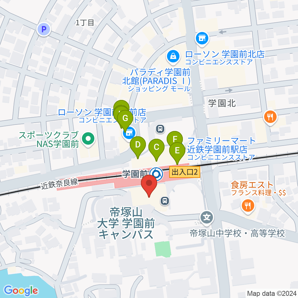 学園前ホール周辺のファミレス・ファーストフード一覧地図