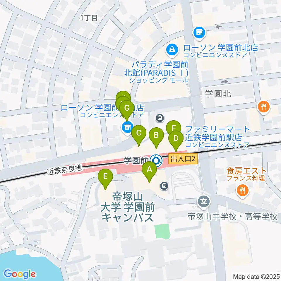 学園前ホール周辺のファミレス・ファーストフード一覧地図