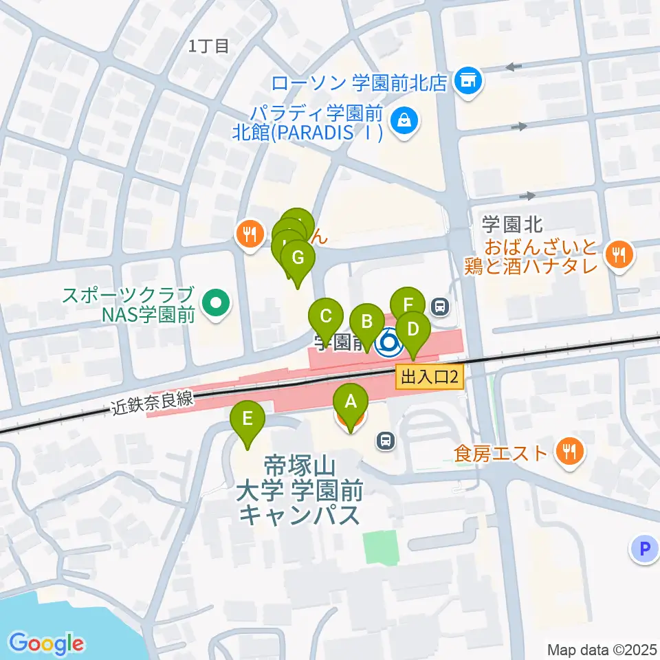学園前ホール周辺のファミレス・ファーストフード一覧地図