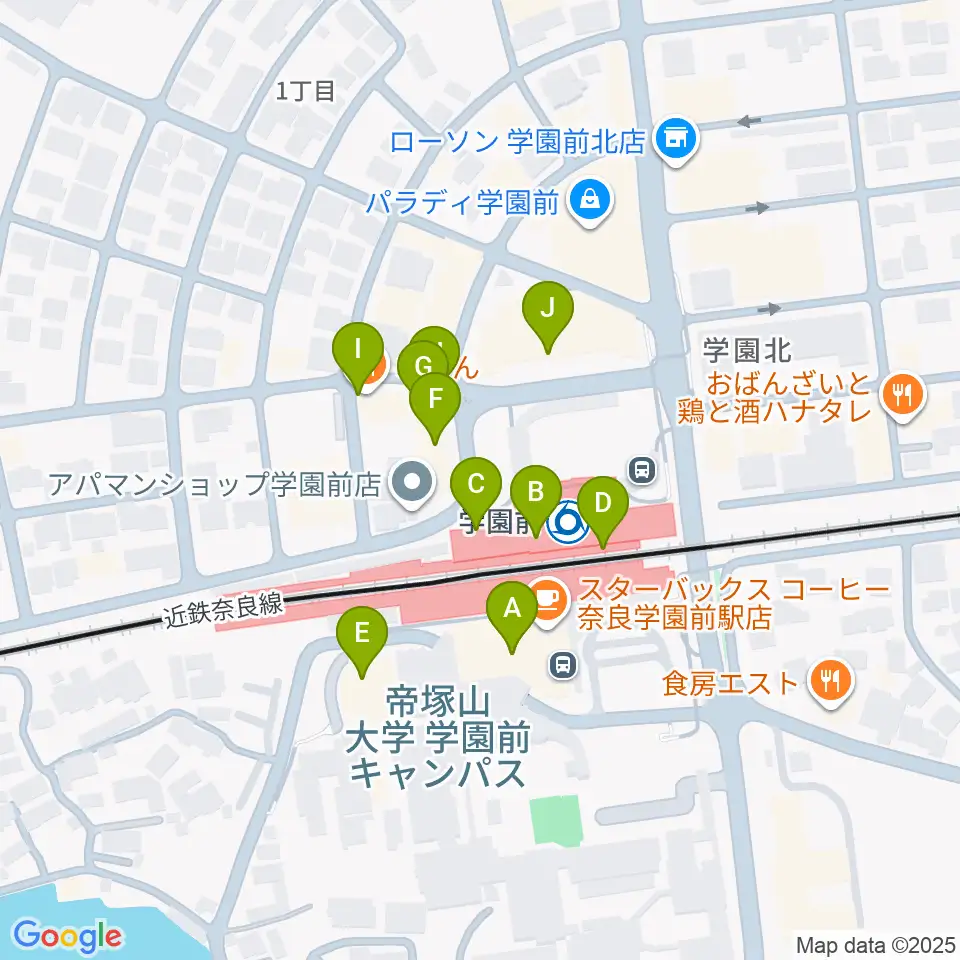 学園前ホール周辺のファミレス・ファーストフード一覧地図