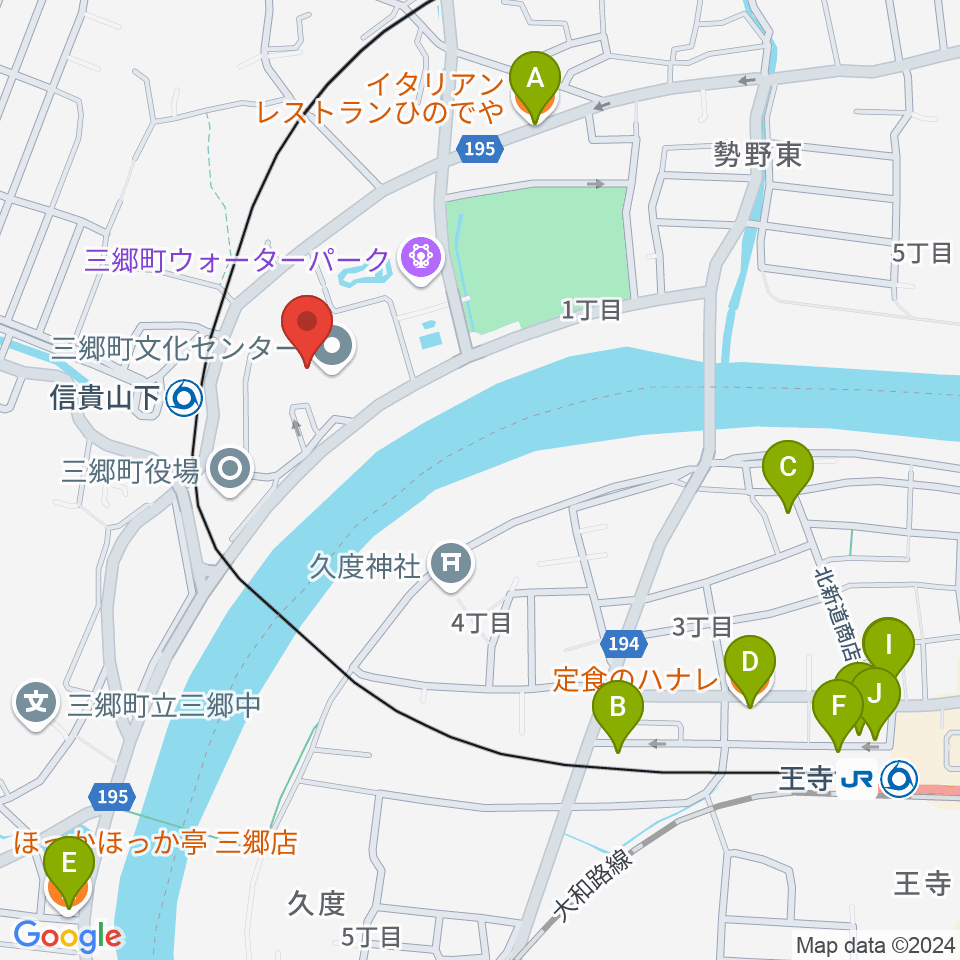 三郷町文化センター周辺のファミレス・ファーストフード一覧地図