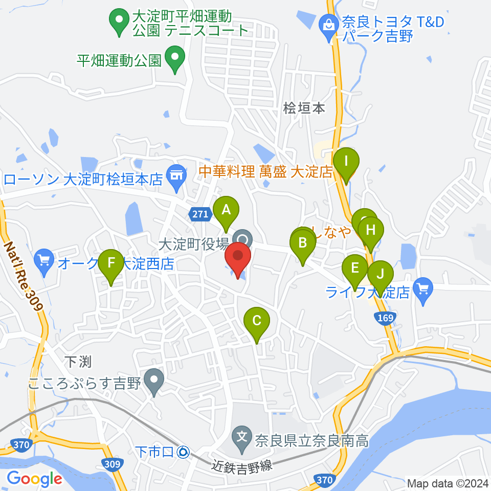 大淀町文化会館周辺のファミレス・ファーストフード一覧地図