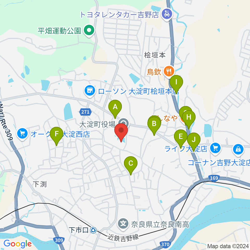 大淀町文化会館周辺のファミレス・ファーストフード一覧地図