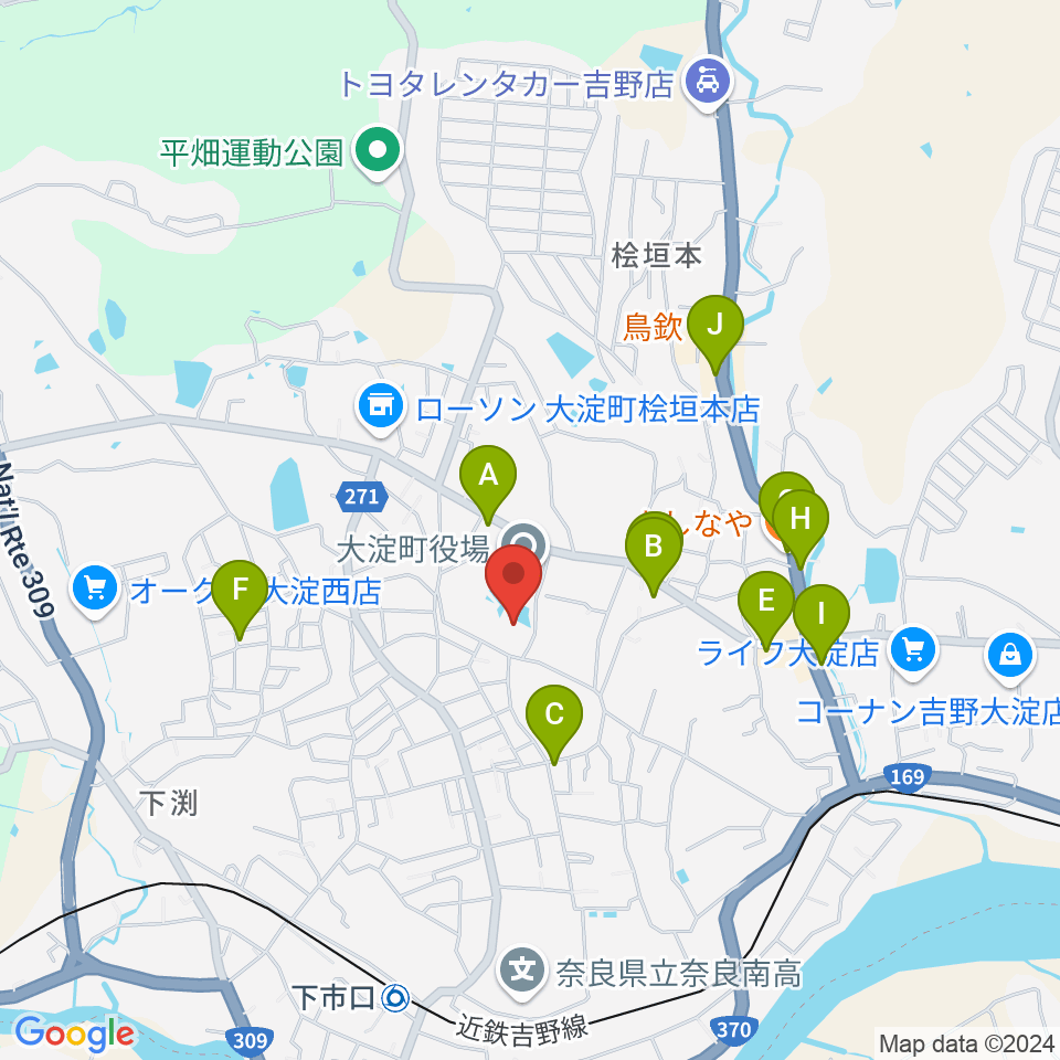 大淀町文化会館周辺のファミレス・ファーストフード一覧地図