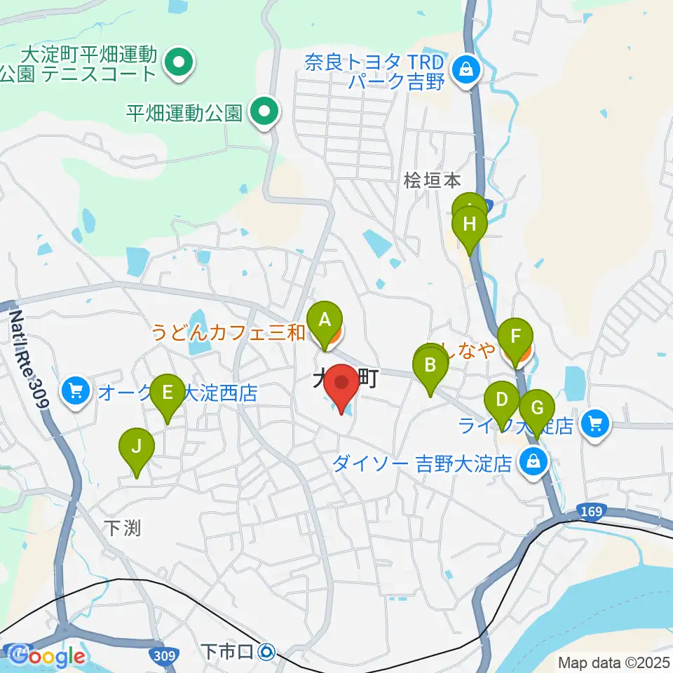 大淀町文化会館周辺のファミレス・ファーストフード一覧地図